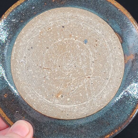 Vintage Art Pottery Cup Saucer Blue Green Purple Glazed Signed Set of 2 - Picture 5 of 6